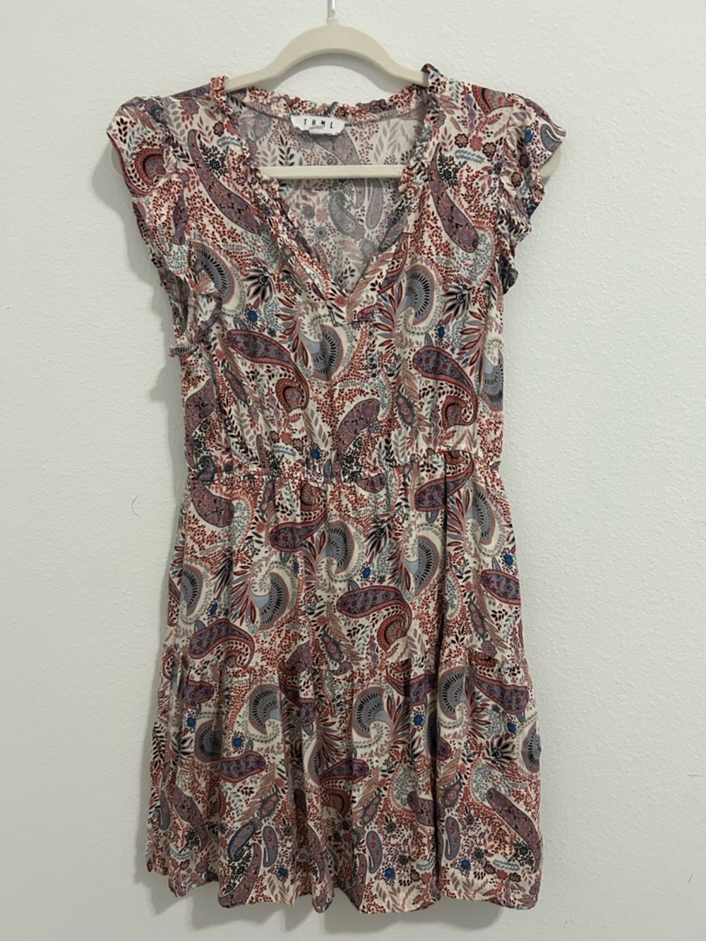 THML Paisley V-Neck Mini Dress - Cream, Rust, Blue